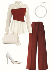 Women's Two-Piece Set in Burgundy and White Polyester Spring Fall Elegant