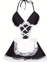 Halter marjon va dantel bezakli sexy xizmatkor kostyumi.