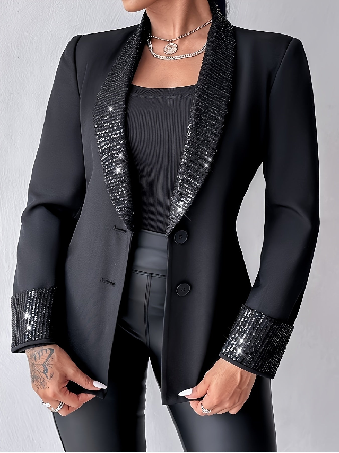 Plus Size Women's Sequin Trim Blazer Long Sleeve Black Office Party Jacket