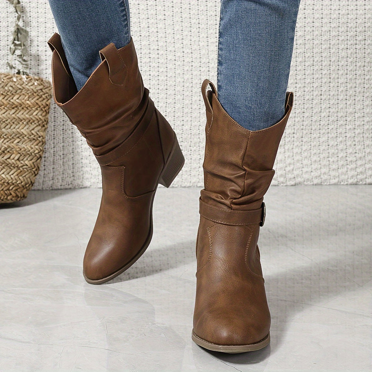 Women's Leather Round-Toe Chunky Heeled Riding Boots with Pleated Fasteners