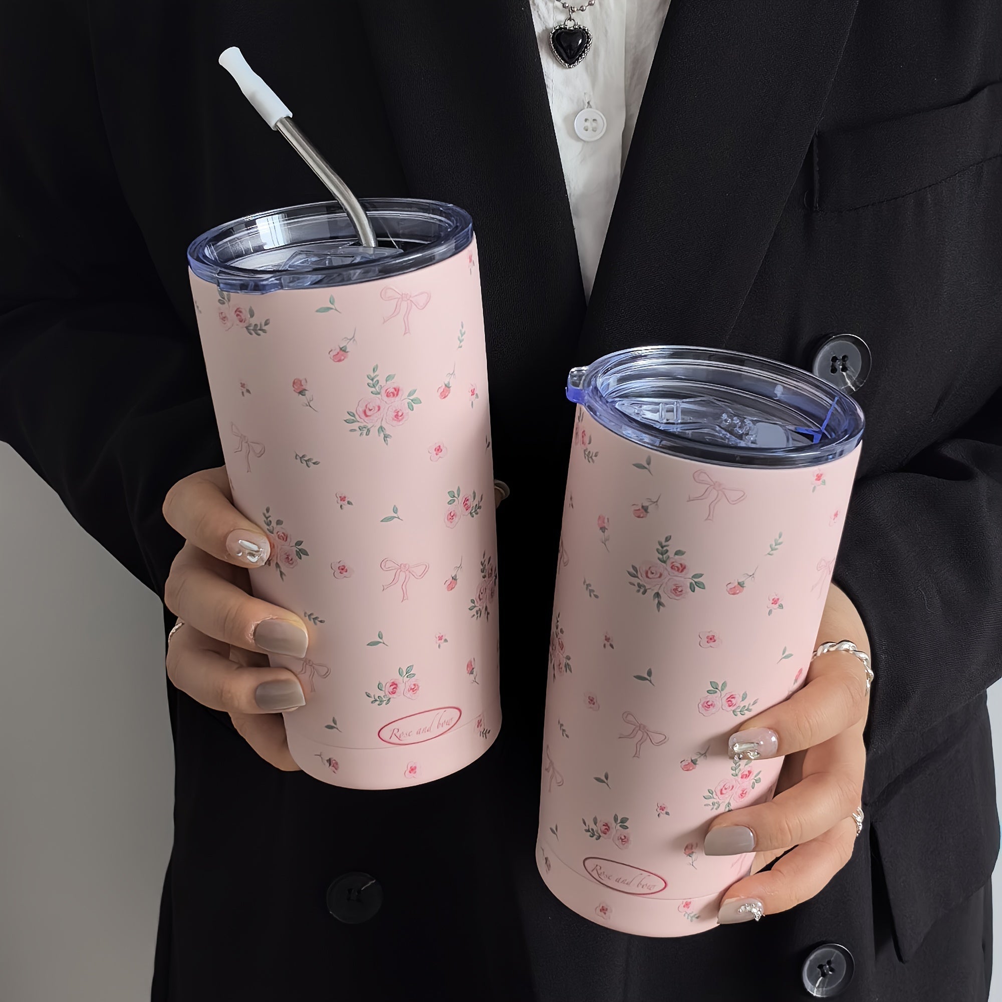 Insulated Stainless Steel Travel Mug with Rose Floral Butterfly Design Double Wall Hot Cold Beverage Tumbler