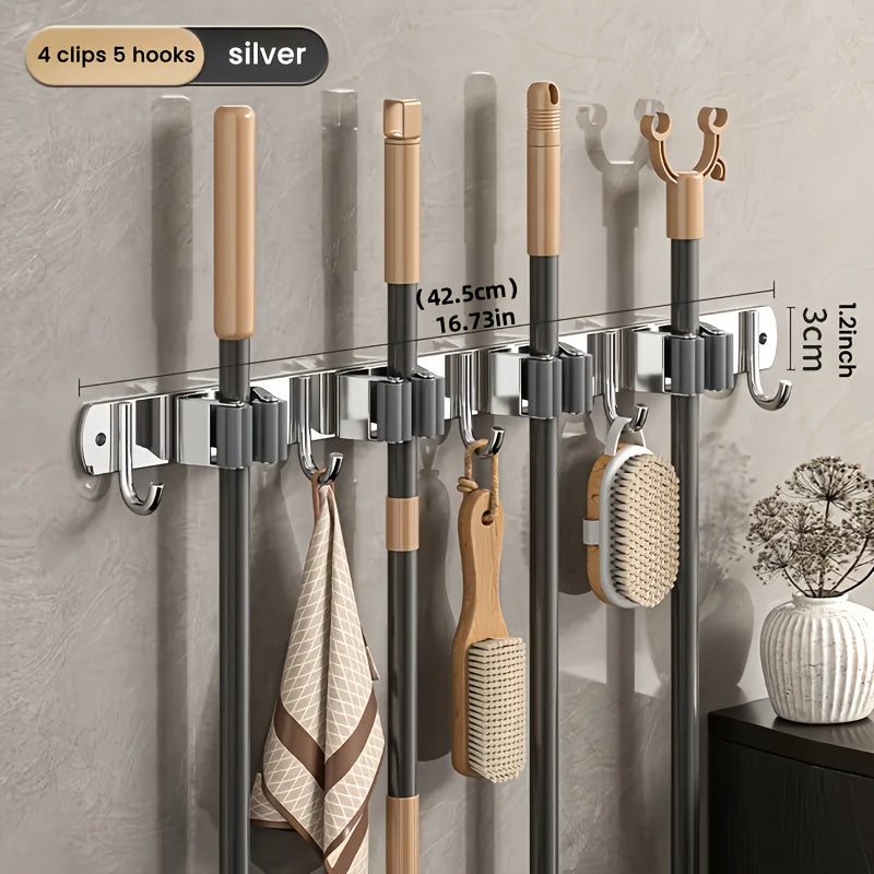 Wall-Mounted Mop and Broom Rack with 5 Clips 4 Hooks Stainless Steel