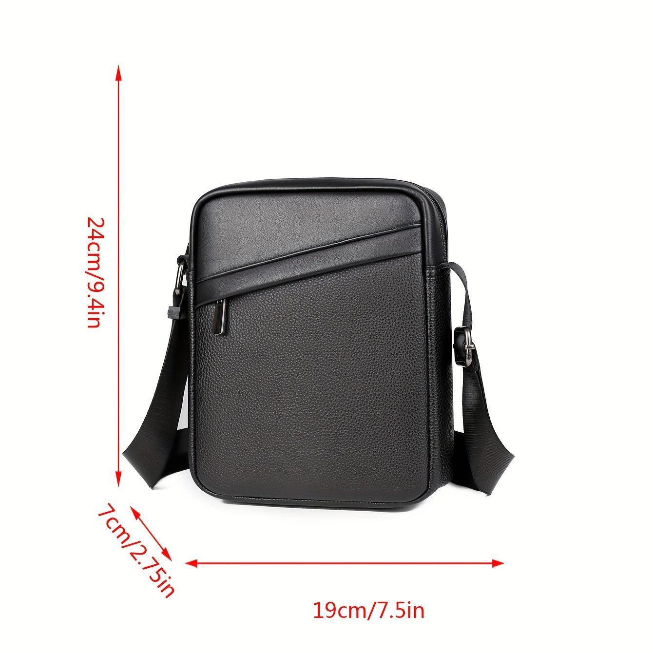 Men's Black Crossbody Bag with Adjustable Strap and Lychee Texture for Travel and Casual Use