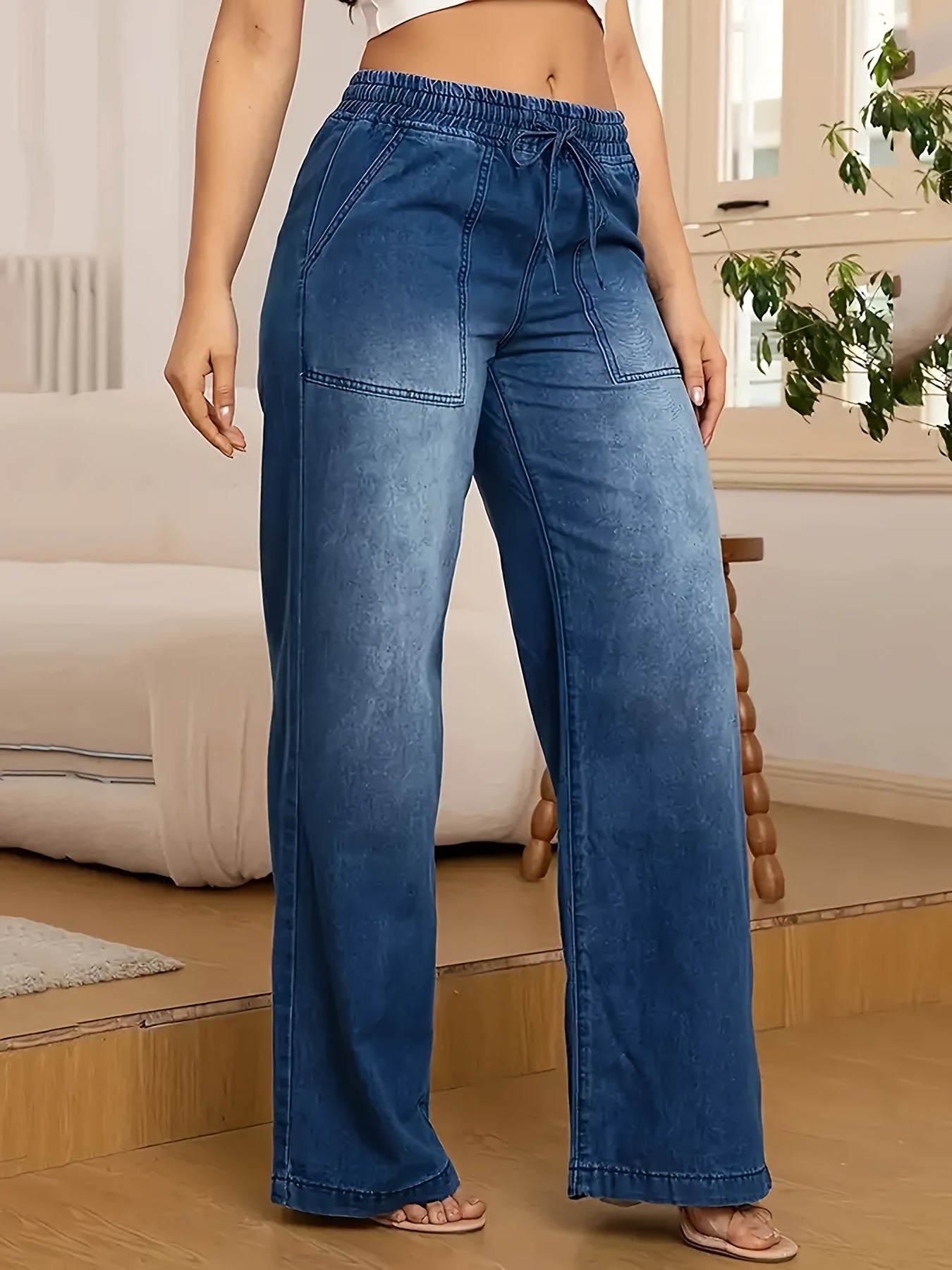 Women's Plus Size Wide Leg Jeans High Stretch Loose Fit Casual Pants