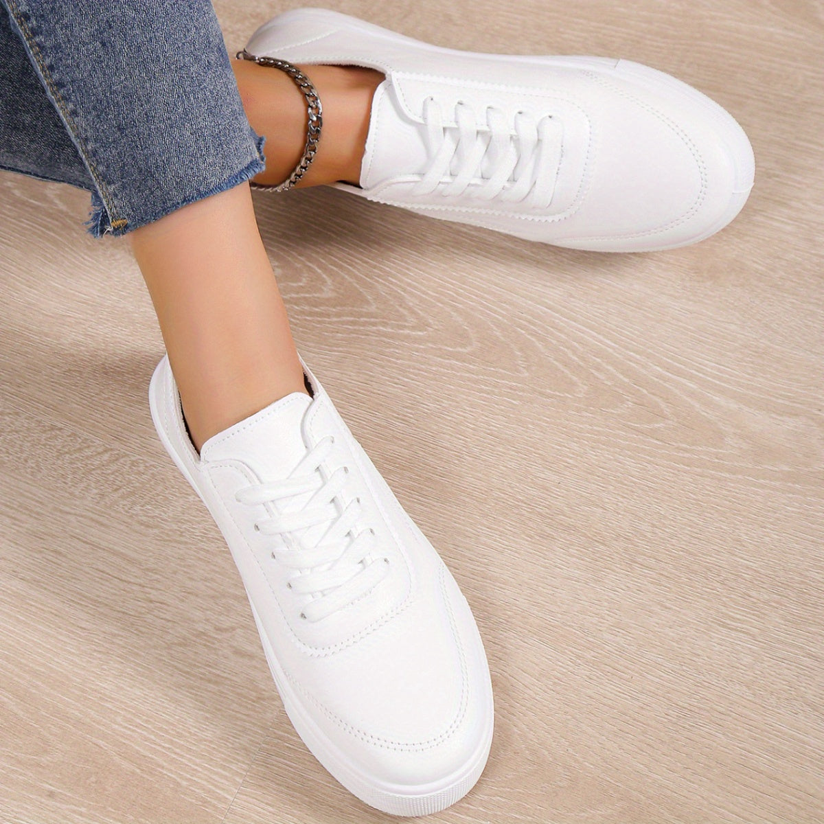 Women’s White Low-Top Sneakers Breathable Fabric Casual Shoes