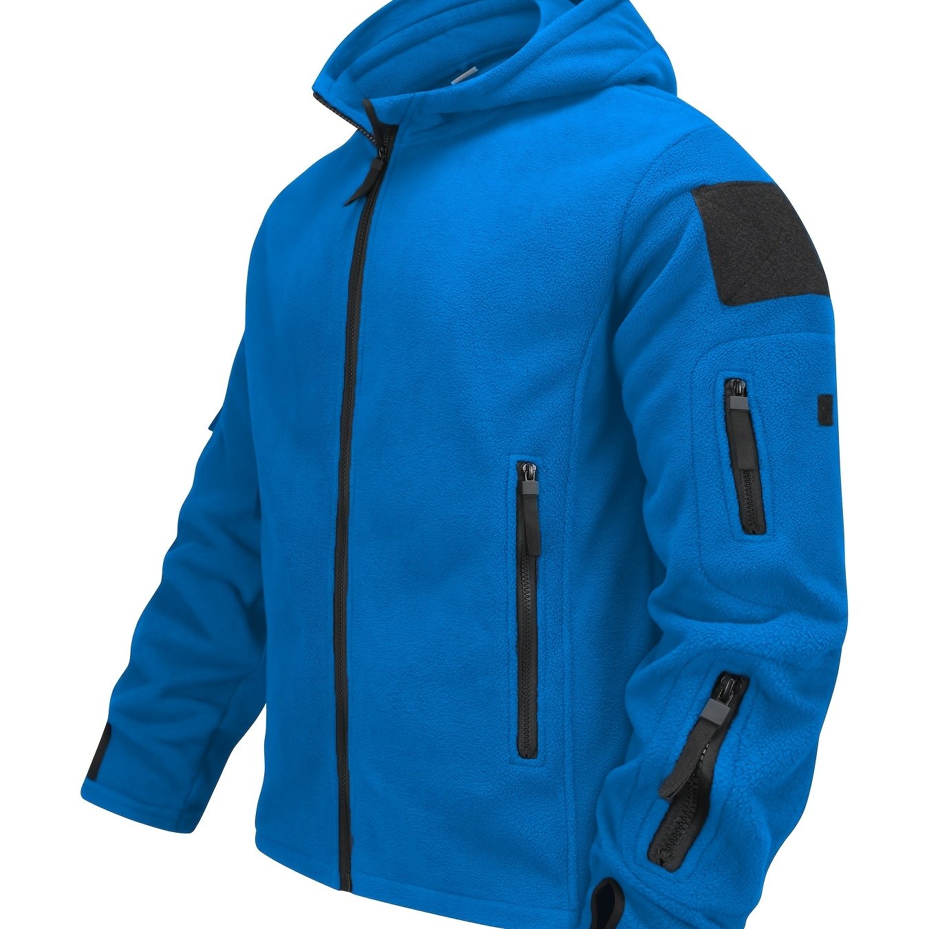 Men's Royal Blue Fleece-Lined Hooded Jacket with Zipper Pockets for Winter Outdoor Activities