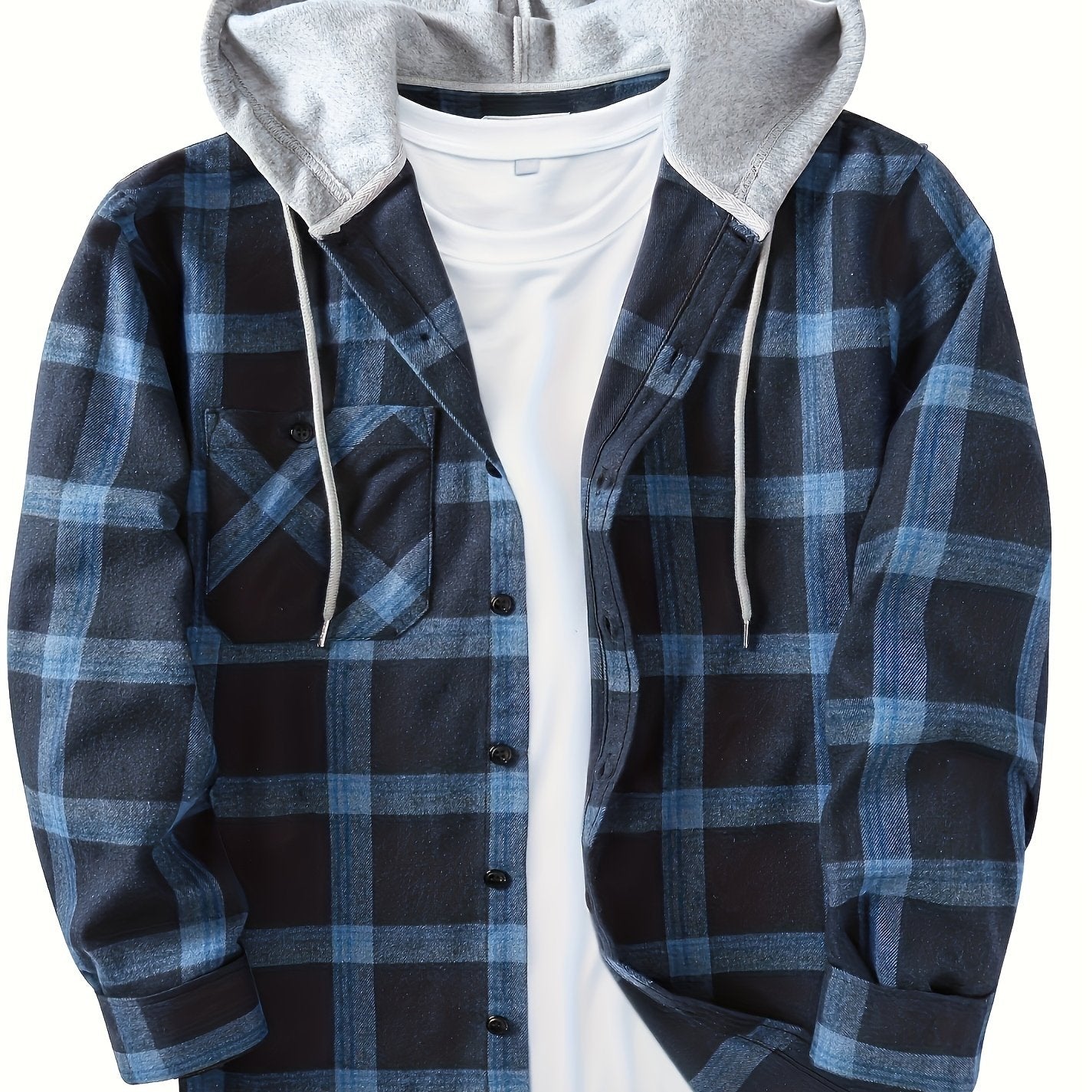 Men's Plaid Hooded Shirt Polyester Blend Casual Spring Fall Loose Fit Button Details