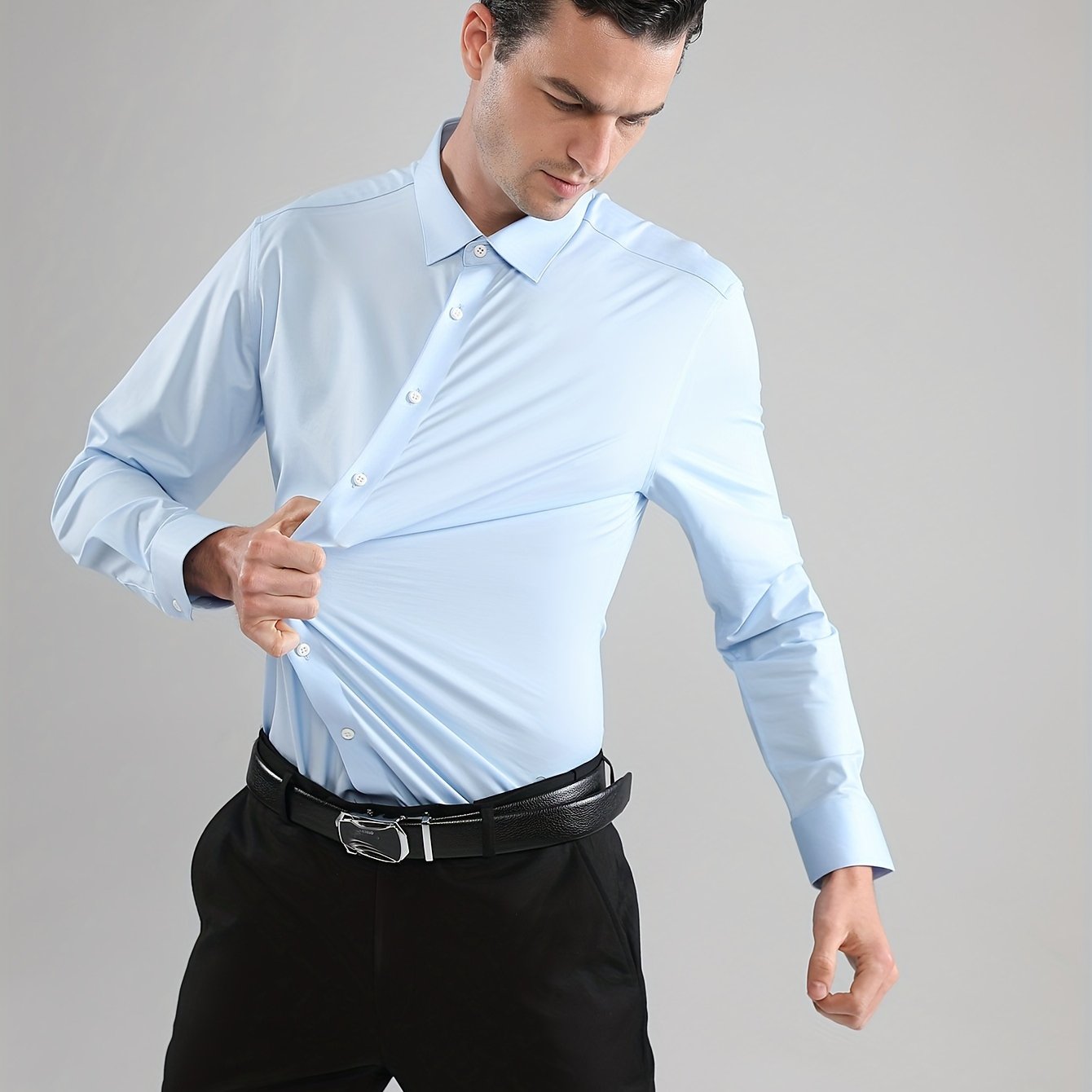 Men's Solid Color Long Sleeve Dress Shirt Stretch Polyester Business Casual Button-Up Collared