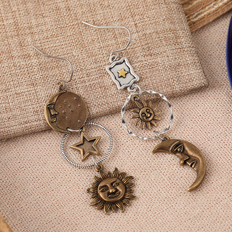 Boho-Chic Antique Bronze Earrings with Star Moon Sun Dangles for Women