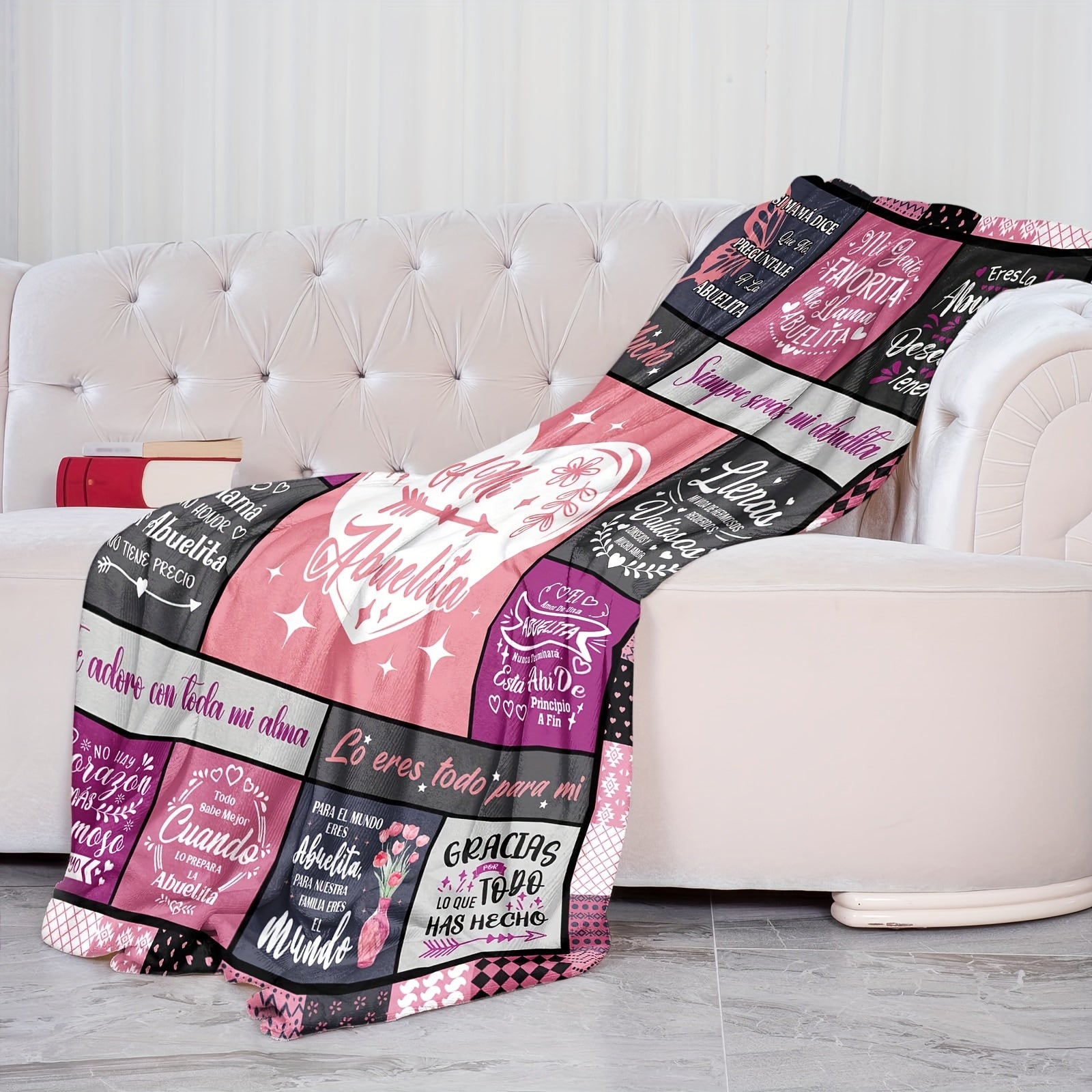 Pink Flannel Throw Blanket with Spanish Phrases for Grandma, Machine Washable, Floral Knitted Gift