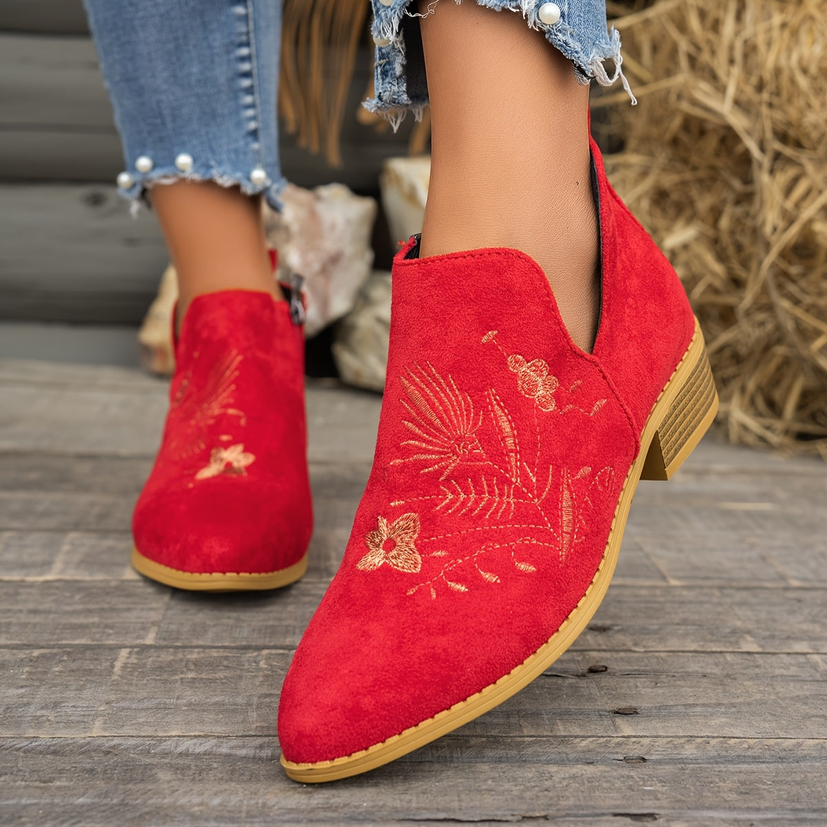 Women's Vintage Embroidered Ankle Boots Pointed Toe Low Heel Casual Shoes