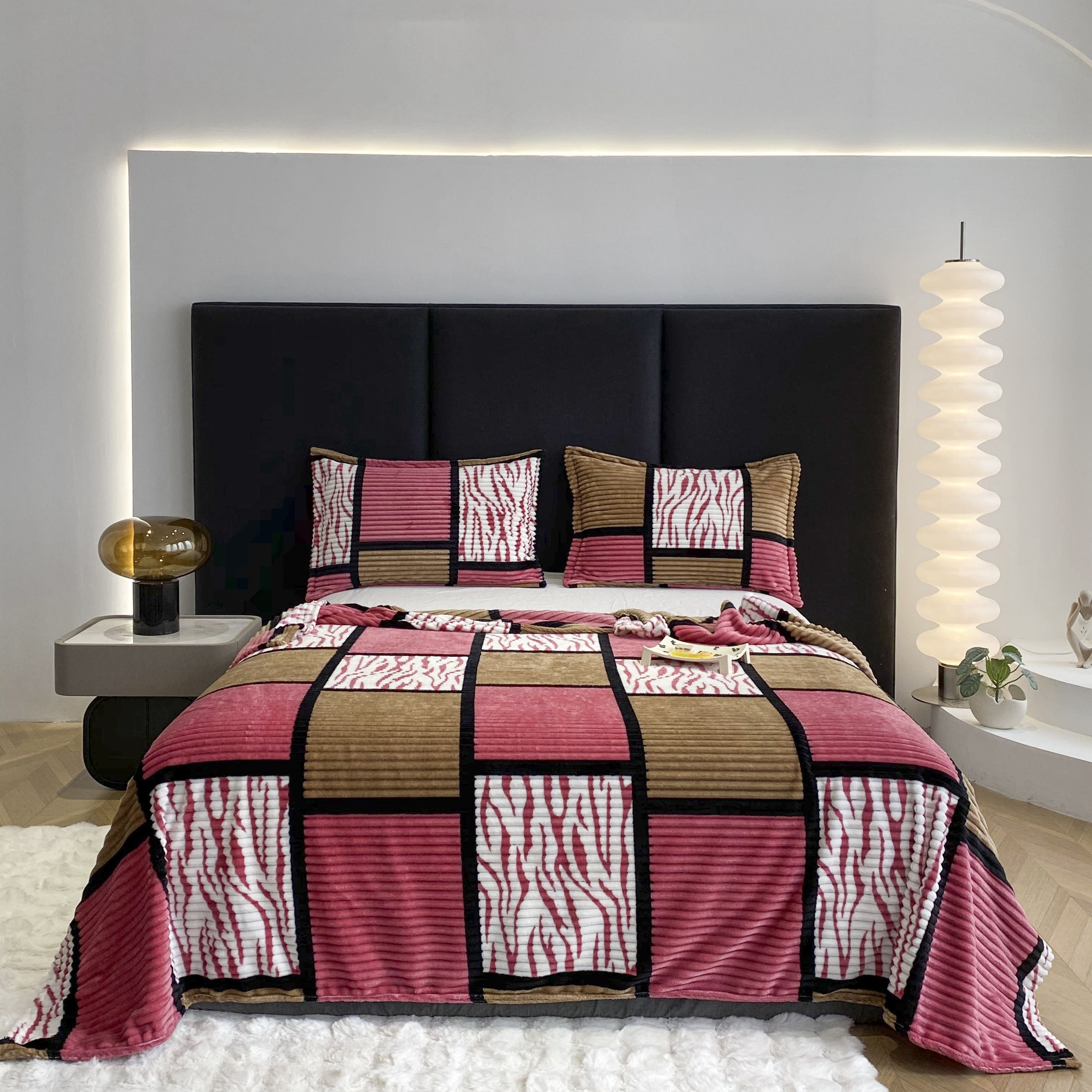 Geometric Square Grid Milk Fleece Throw Blanket for All Seasons