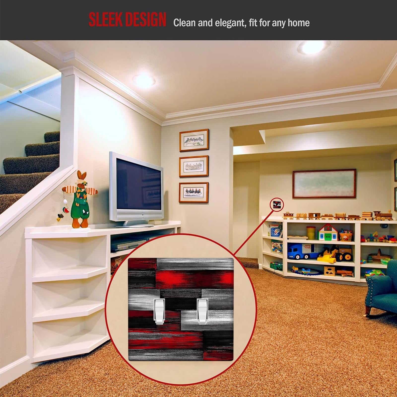 Placa decorativa para interruptor de pared en rojo, negro y gris, sin cableado, resistente y fácil de montar para hogar u oficina