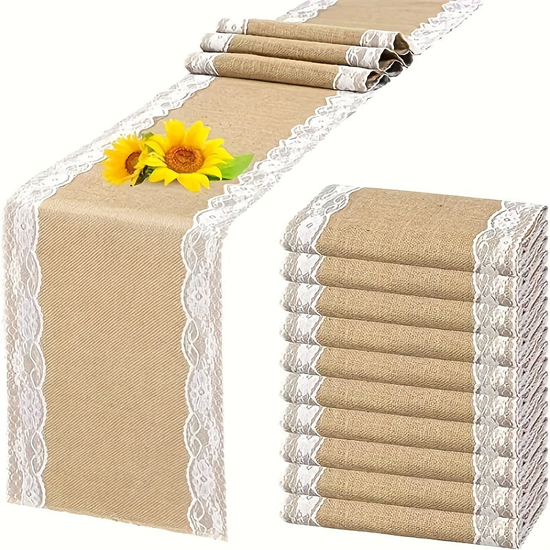 Rustic Burlap Table Runner with Lace Trim for Weddings Parties and Holiday Decor
