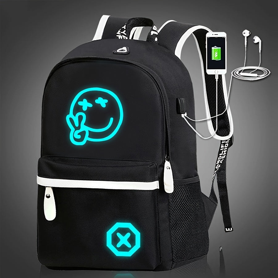 Glow-in-the-Dark Cartoon Backpack with USB Charging Adjustable Straps Zipper Closure