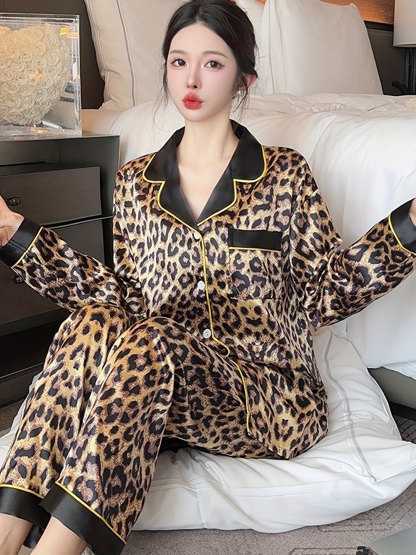 Women's Leopard Print Pajama Set Long Sleeve Lapel Collar Polyester Spandex Fall Winter