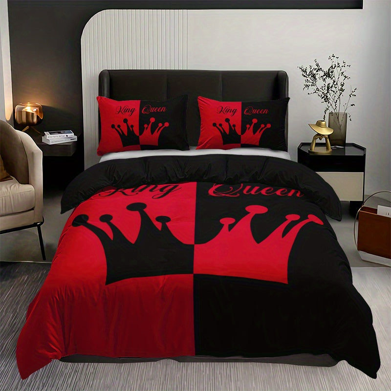 Black and Red Crown Pattern Bedding Set 3 Pieces Duvet Cover and Pillowcases