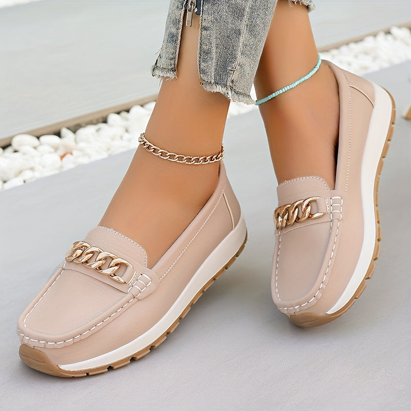 Women's Slip-On Loafers Faux Leather Flats with Metal Buckle in Beige Black Pink Green