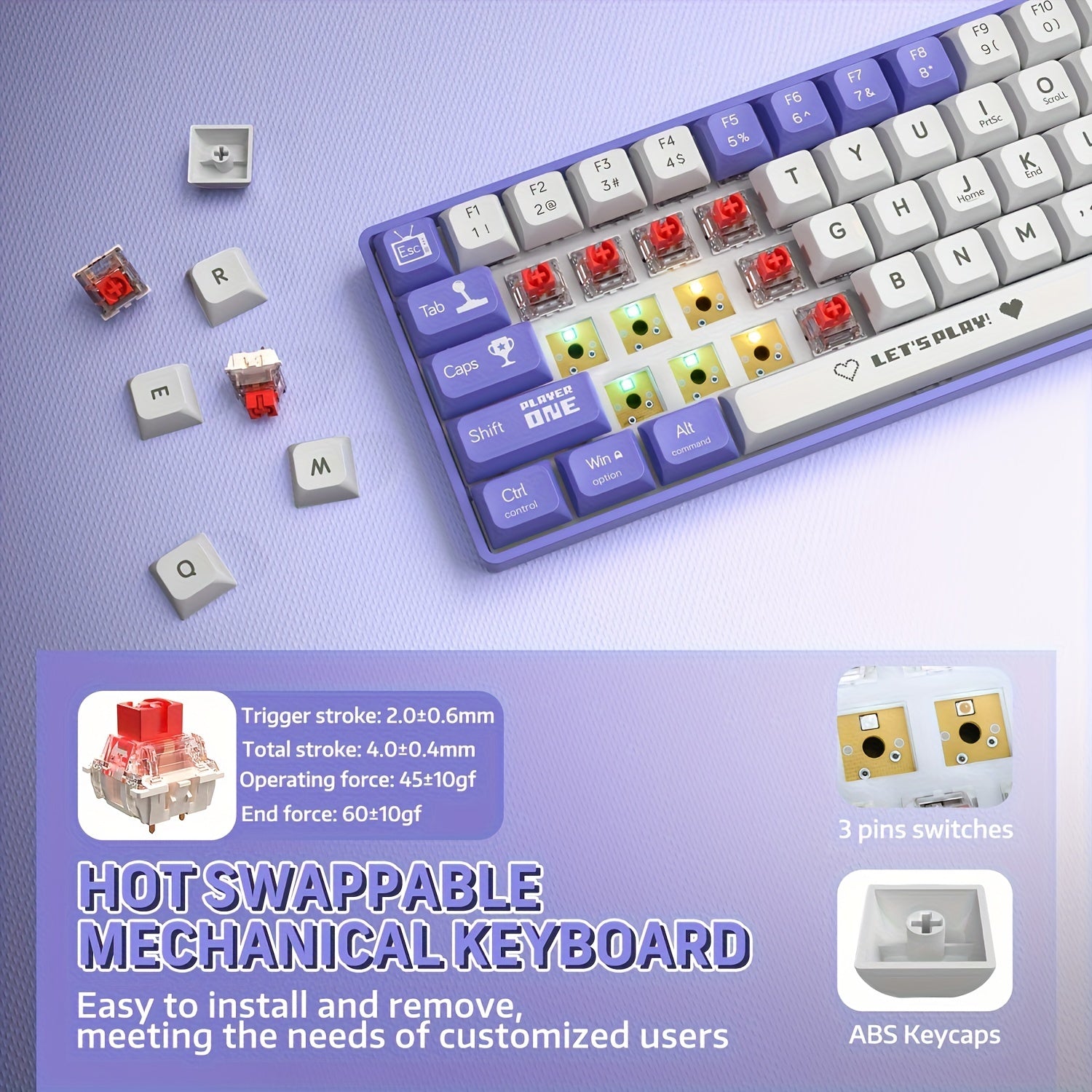 Wired Mechanical Gaming Keyboard 65% RGB Backlit Red Switches Ergonomic Purple White