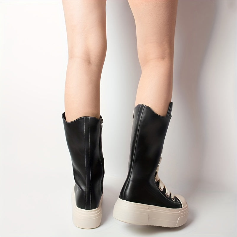 Women's Knee High Boots Solid Color Round Toe Platform Lace-Up Boots