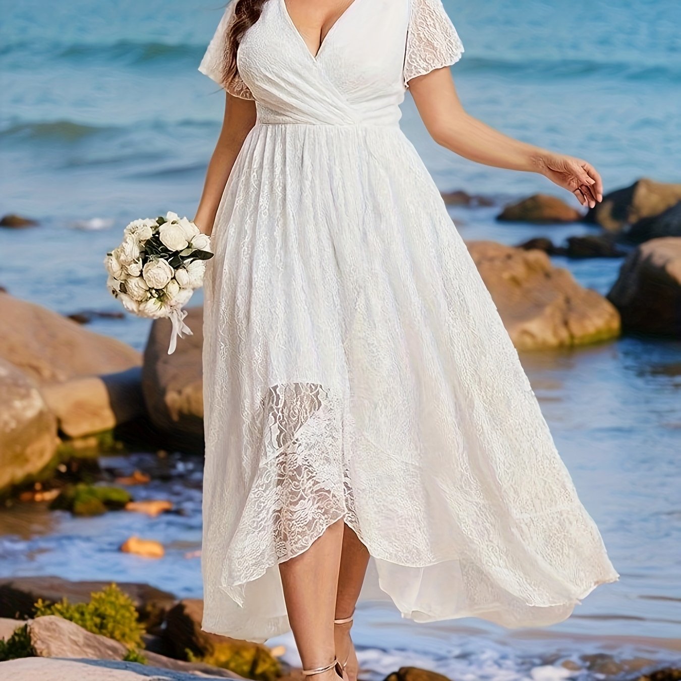 Plus Size Elegant V-Neck Mermaid Dress with Ruffle, Lace Overlay Evening Gown