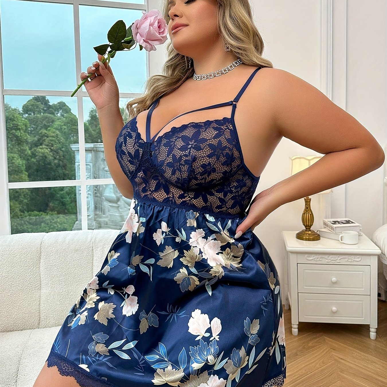 Plus Size Womens Sleepwear Set Spliced Print Nightgown and Thong Panty