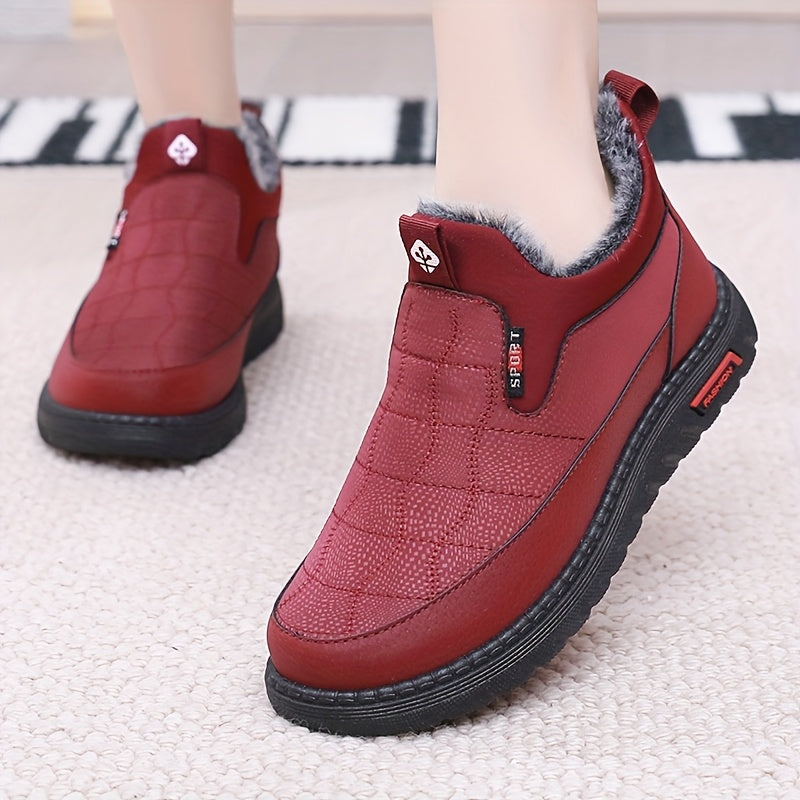 Women's Fleece-Lined Slip-On Ankle Boots Casual Solid Color Fabric