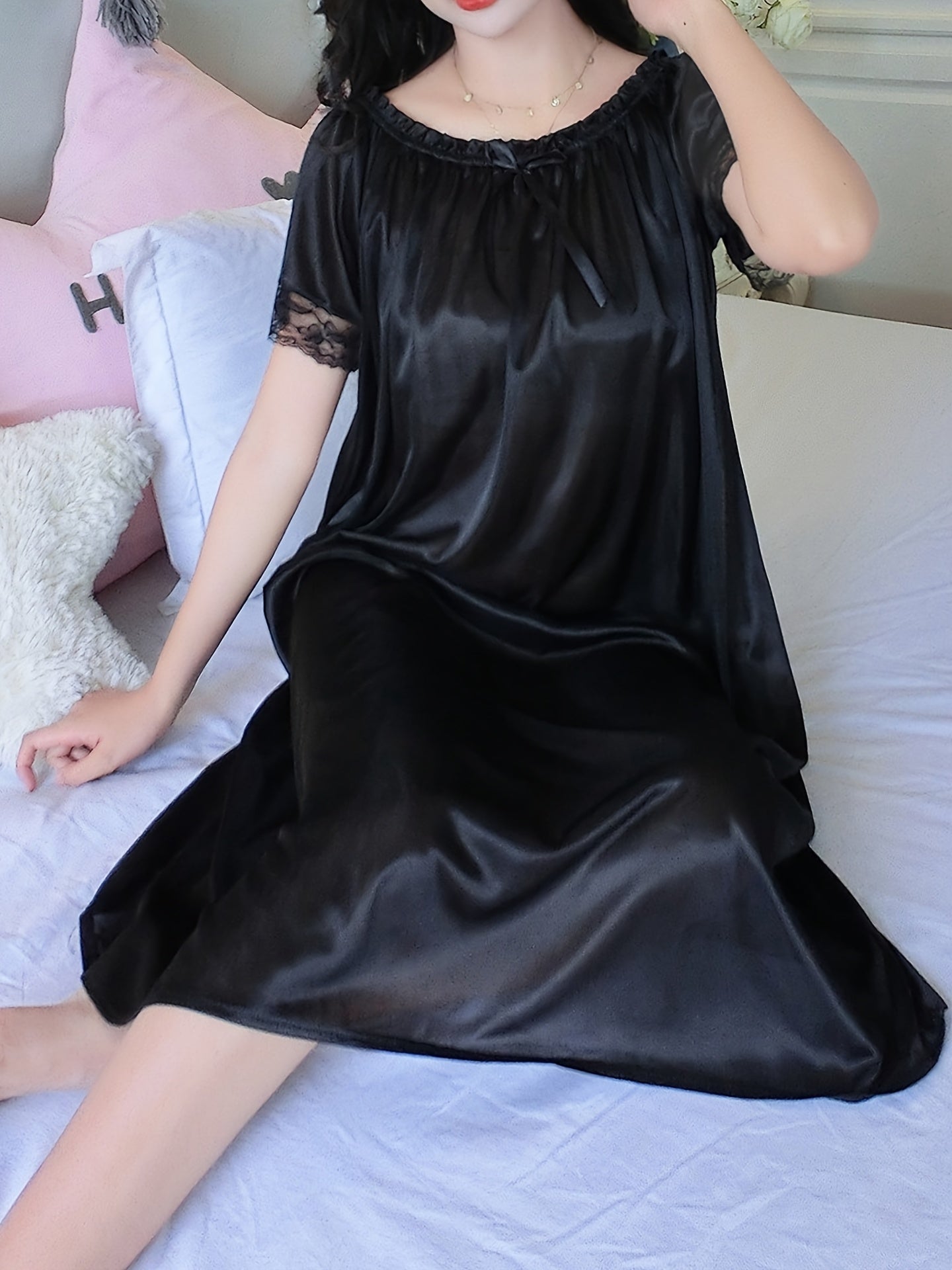 Women's Off-Shoulder Night Dress Short Sleeve Solid Polyester Sleepwear for Spring Summer