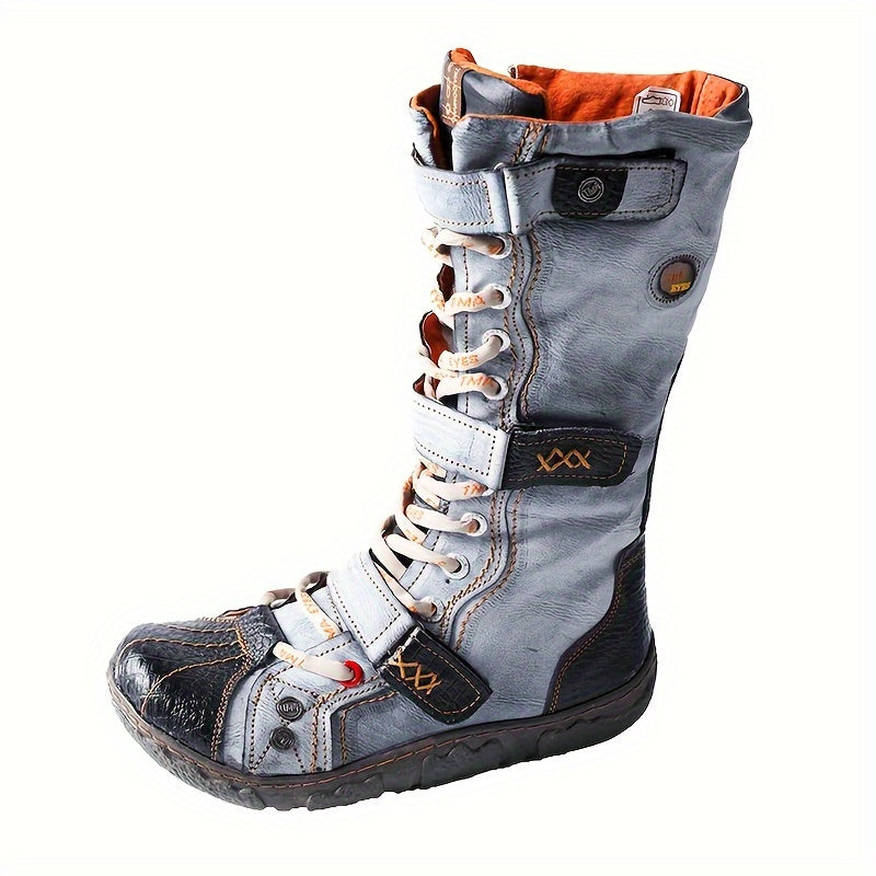 Women's Colorblock Boots with Side Zipper Soft Sole Buckle Platform Western Round Toe