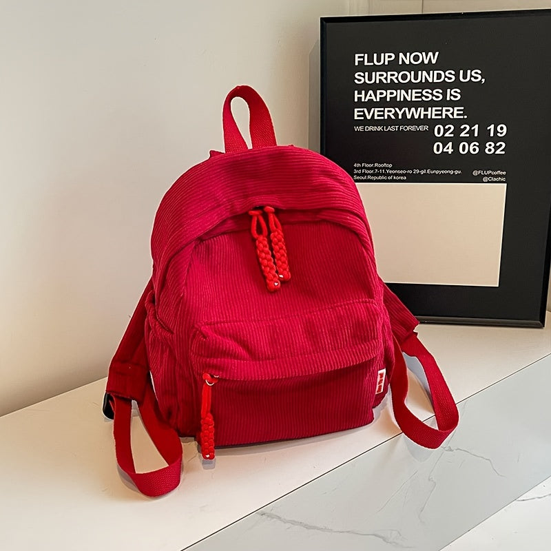 Small Corduroy Backpack for Winter Casual Students Water-Resistant Zipper Closure