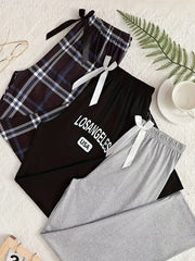 Plus Size Lounge Pants Women Letter and Plaid Print with Bow Elastic Waistband Set of 3