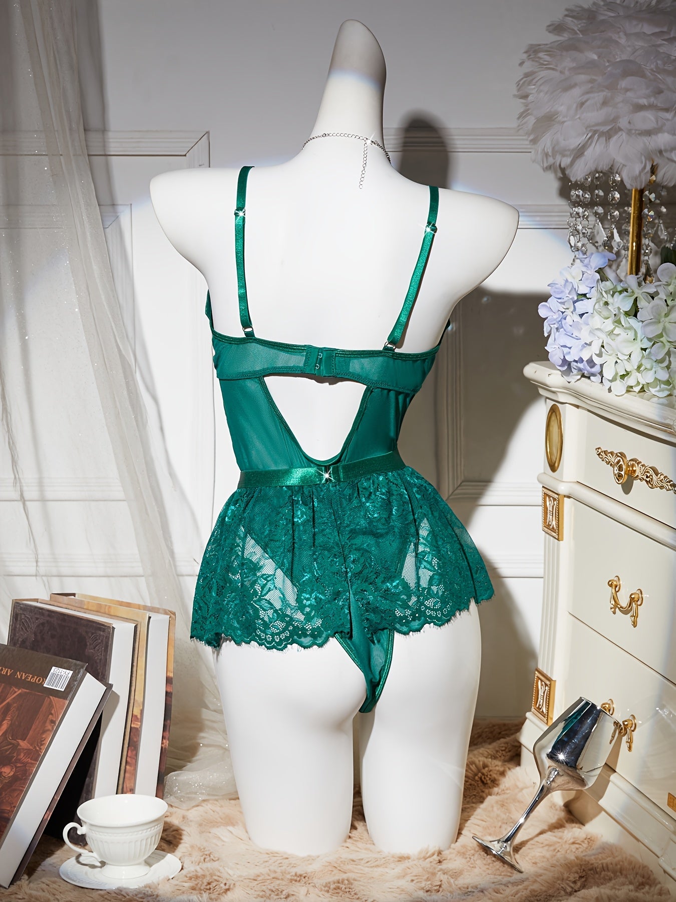 Body de encaje para mujer con pedrería y liga