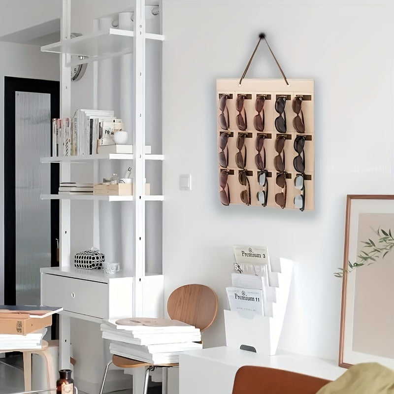 Quyosh ko'zoynaklari uchun devorga o'rnatiladigan tashkilotchi, paxta saqlash sumkasi va osma ko'zoynak ushlagichi bilan.