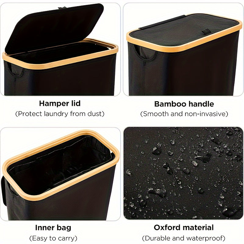 Cesta de ropa moderna de bambú con tapa y bolsa desmontable 60L, cesta rectangular plegable