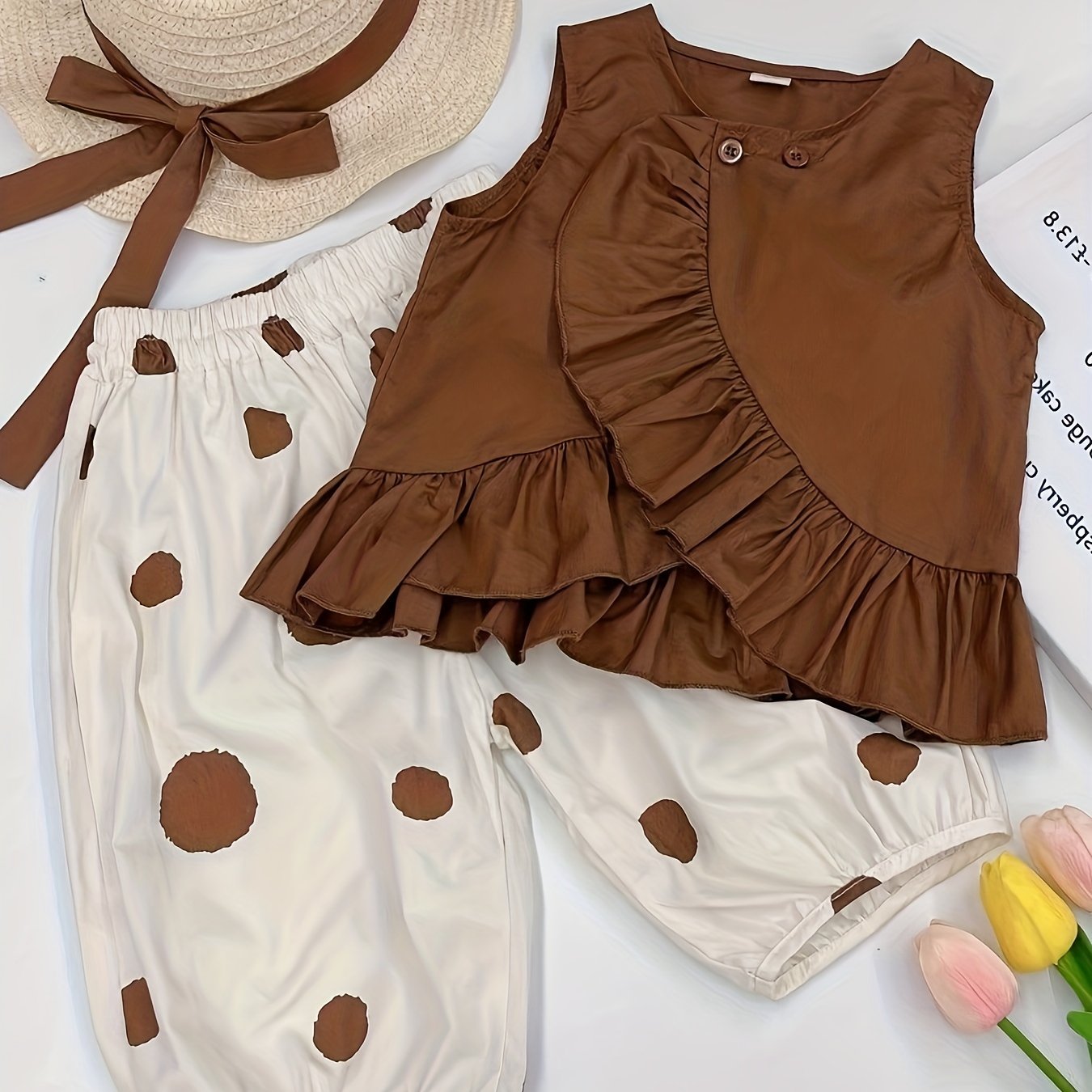 Girls Summer Sleeveless Doll Shirt and Wide Leg Pants Set