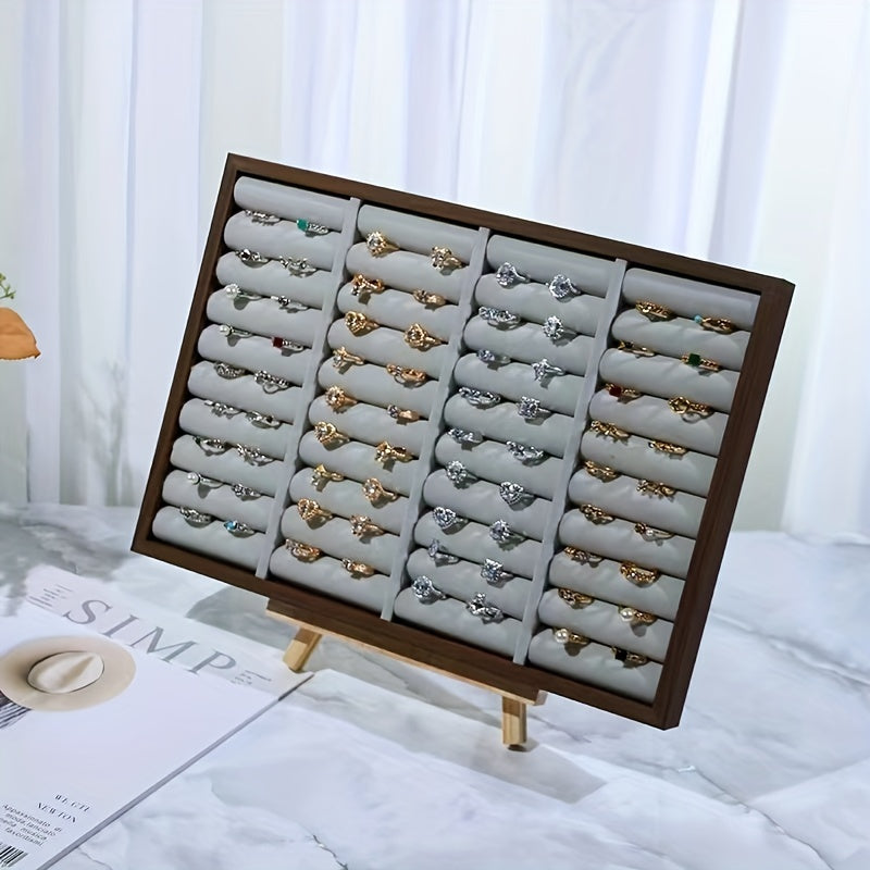 Wooden Jewelry Display Box with Plush Ring Holder and Large Storage Tray