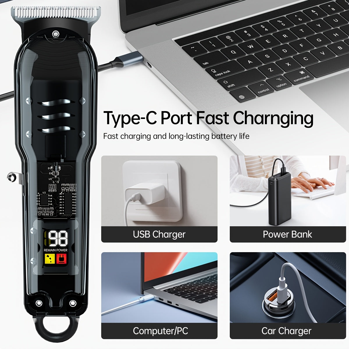 Wireless Electric Hair Clipper with LCD Display Rechargeable USB for Home Travel Salon
