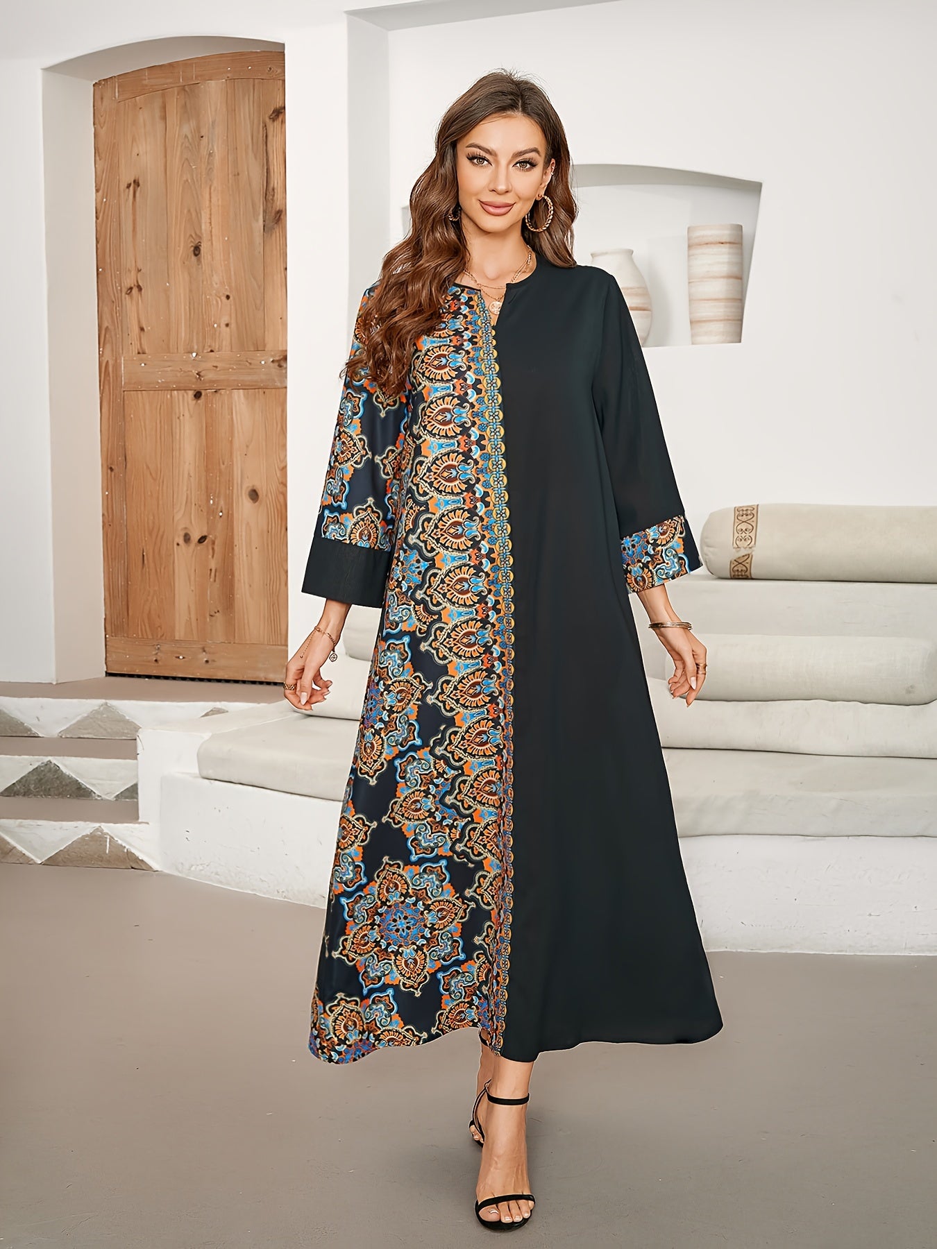 Black and Blue Floral Paisley Maxi Kaftan Dress for Women Polyester Spring Summer Fall