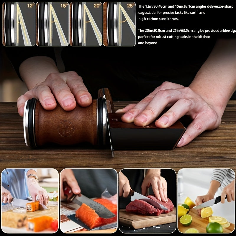 Diamond Roll 4-Sided Knife Sharpener with Wooden Handles for Precision Cutting