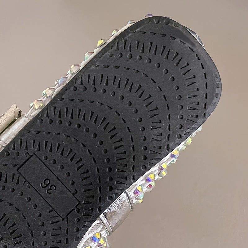 Women's Woven Lace Fishnet Flat Mary Jane Shoes with Rhinestones