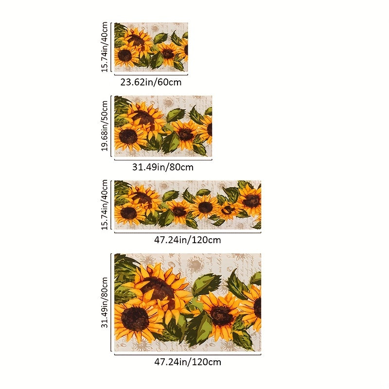 Sunflower Print Kitchen Floor Rug Water-Resistant Machine Washable Entrance Doormat