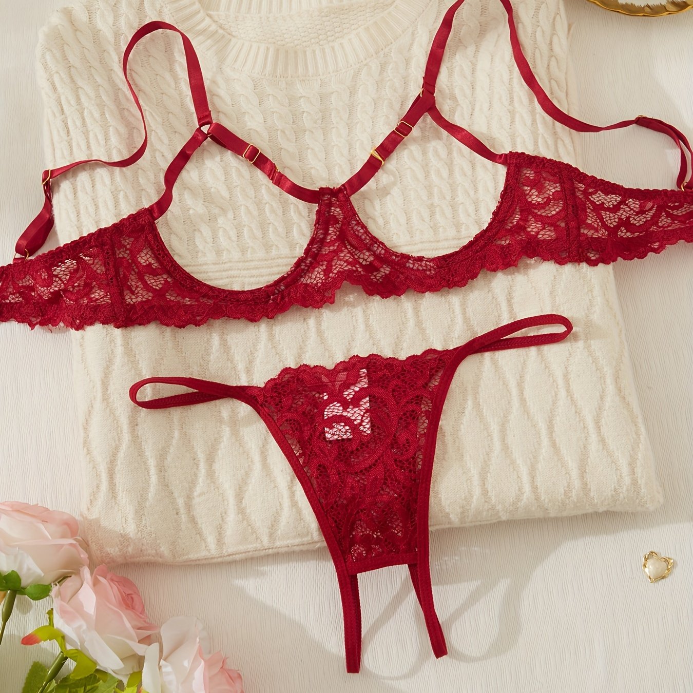 Lingerie Open-Back Lace Thong Set for Women