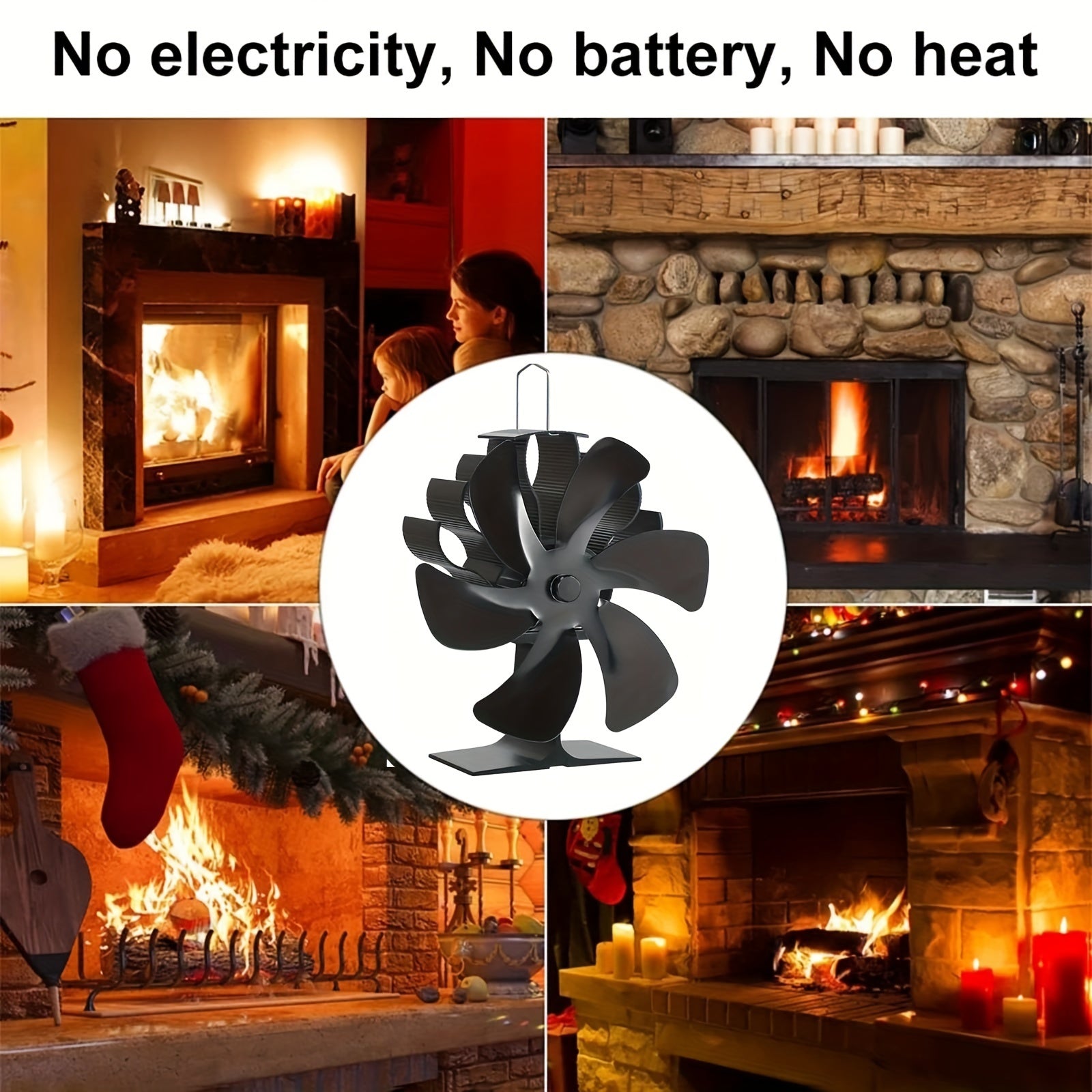 Portable Metal Fireplace Fan 6-Blade Non-Electric Air Circulator for Wood Stoves