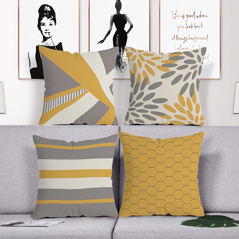 Vibrant Yellow and Gray Geometric Throw Pillow Cover 45cm Polyester Zip Closure