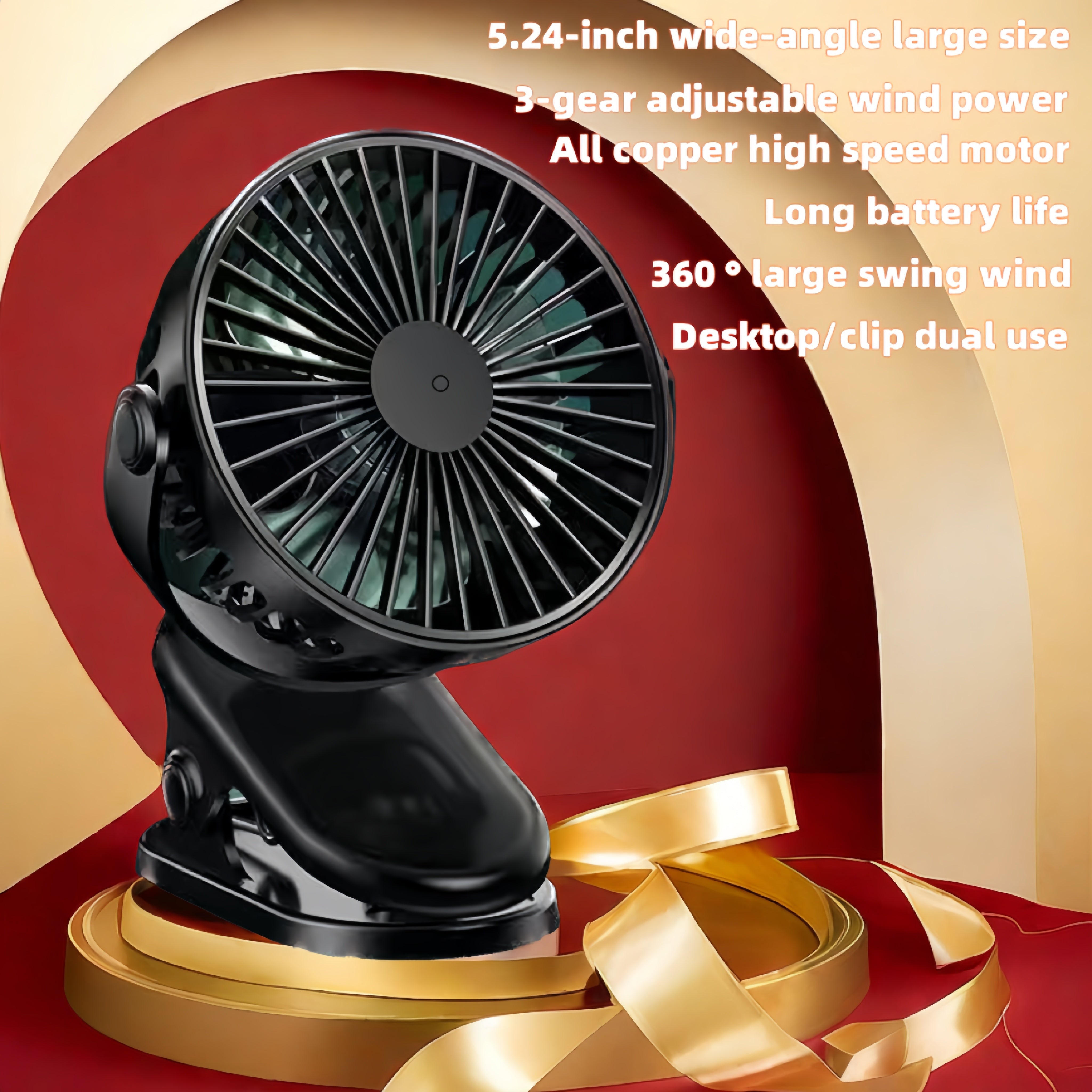 Rechargeable USB desk fan with clamp 360° rotation 3 speed long battery life