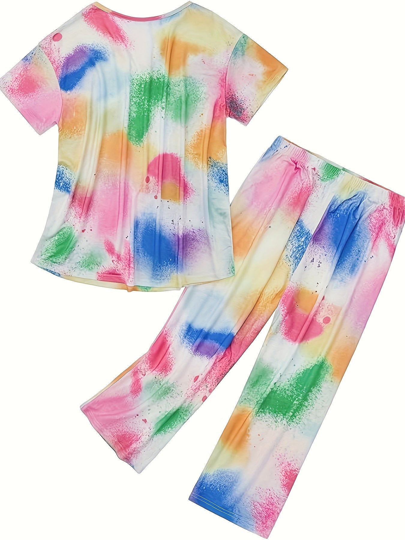 Plus Size Women's Loungewear Set Splash Print Short Sleeve V Neck Tee Capri Pants