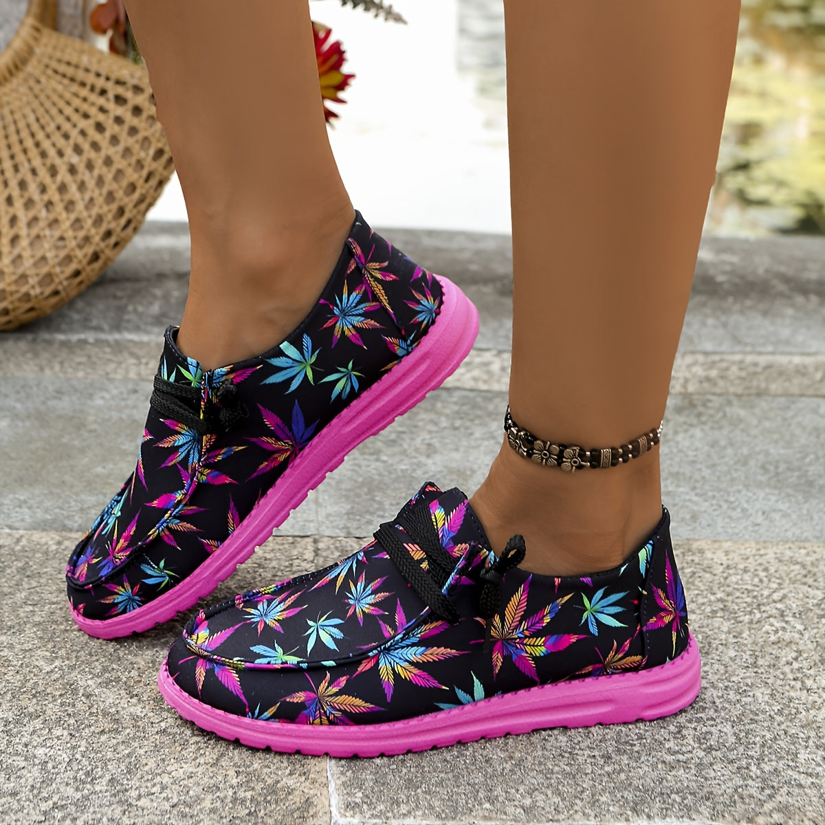 Women's Slip-On Loafers with Colorful Leaf Print Breathable Fabric Comfortable All-Season Shoes