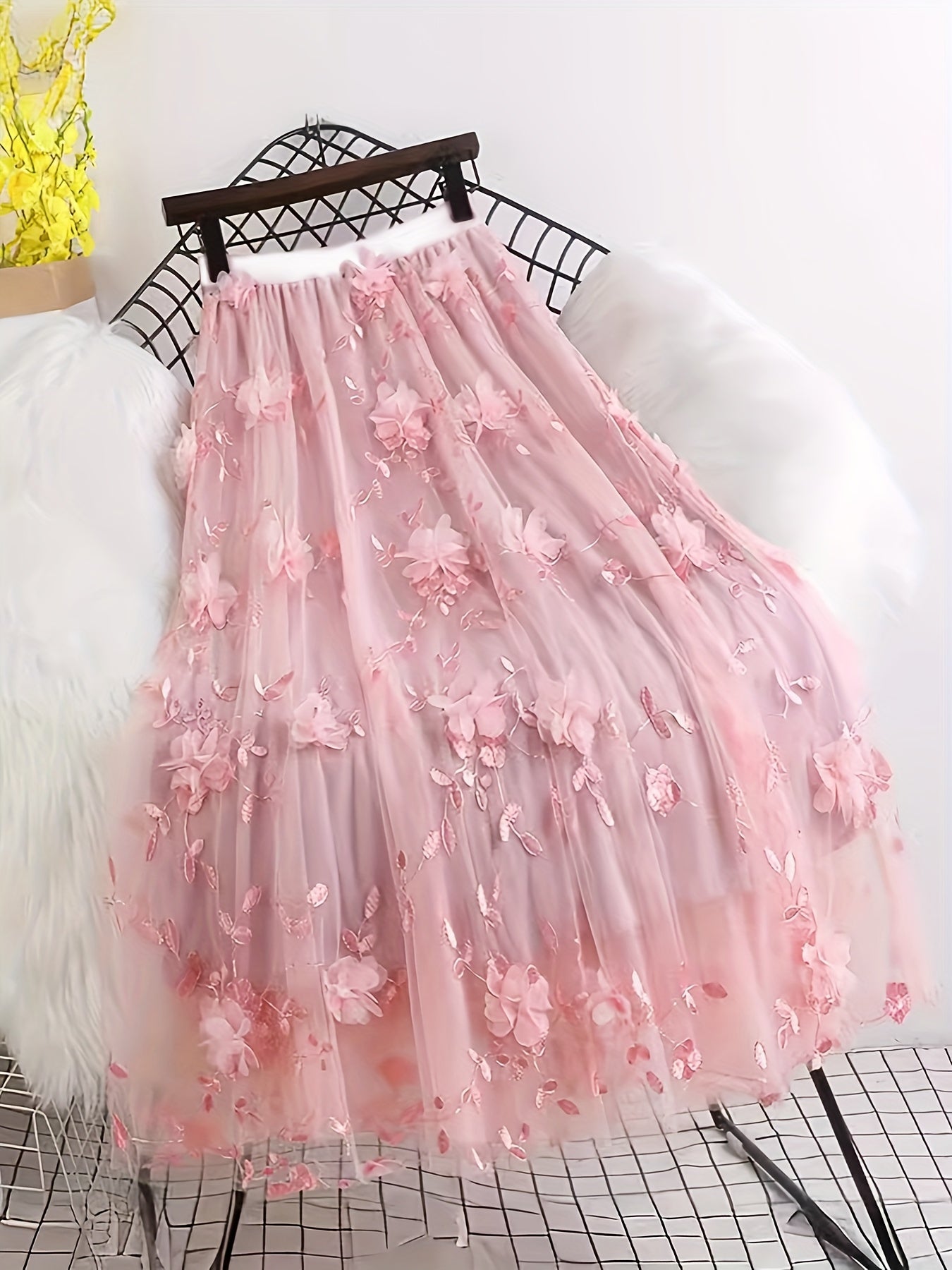 Women's High-Waist A-Line Midi Skirt with Tulle and Floral Embroidery Black Spring Summer Polyester