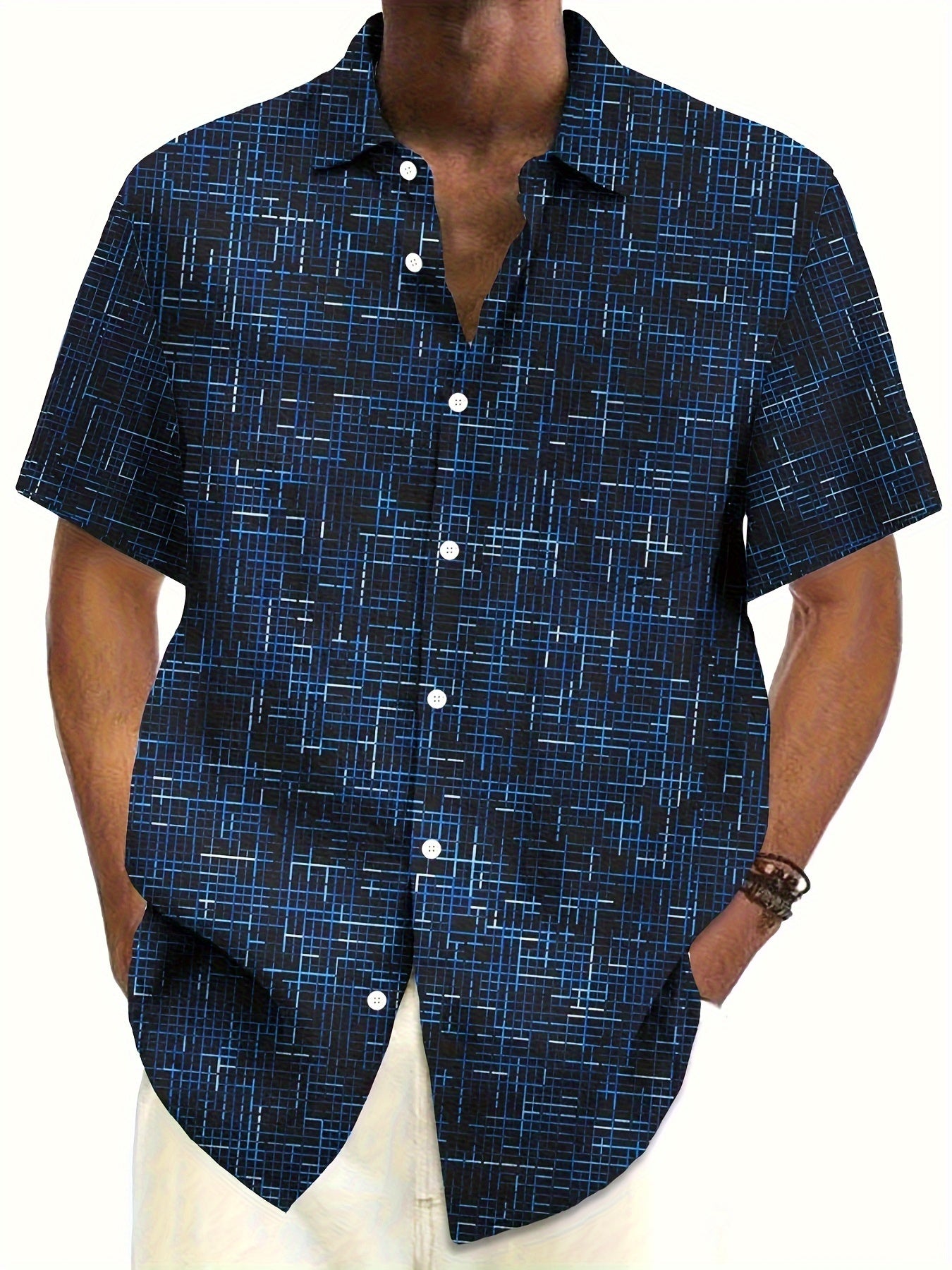 Men's Plus Size Short Sleeve Geometric Print Shirt with Button Front and Pocket