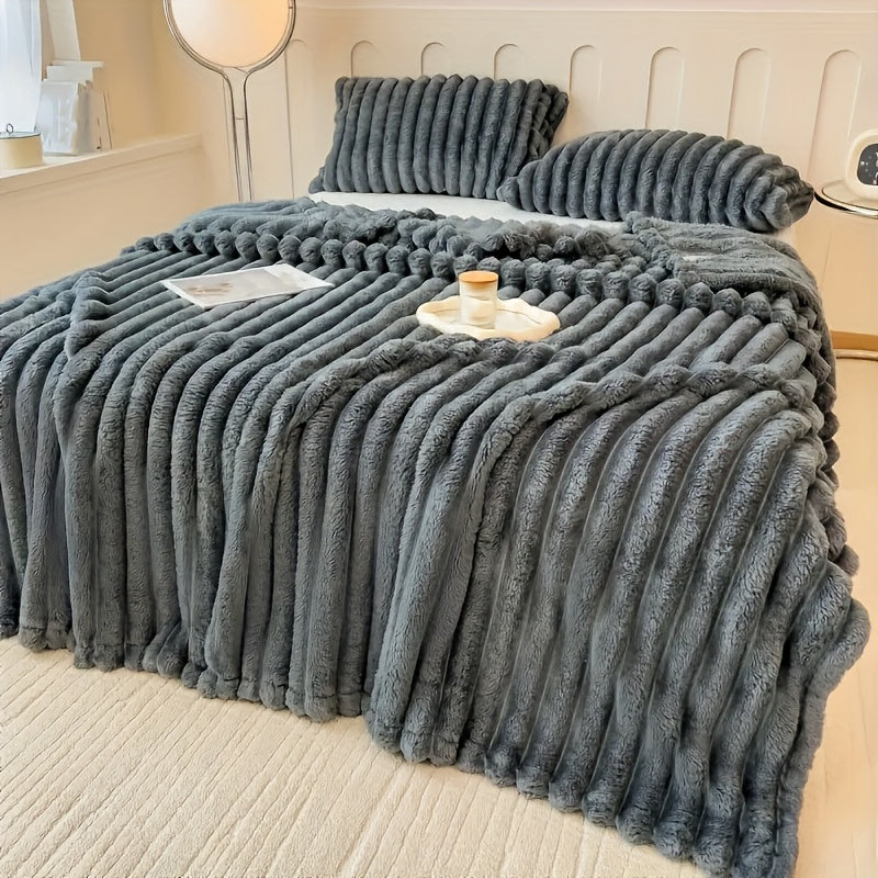 Striped Faux Fur Throw Blanket Cozy Plush for Couch Bed Travel All-Season